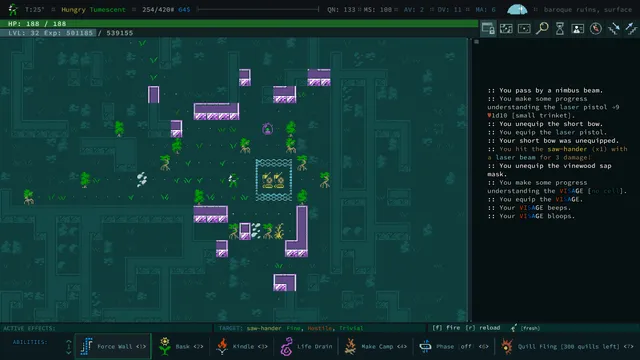 Caves of Qud in play: a character among baroque ruins on a tiled surface map, with a combat log on the right and mutation abilities along the bottom