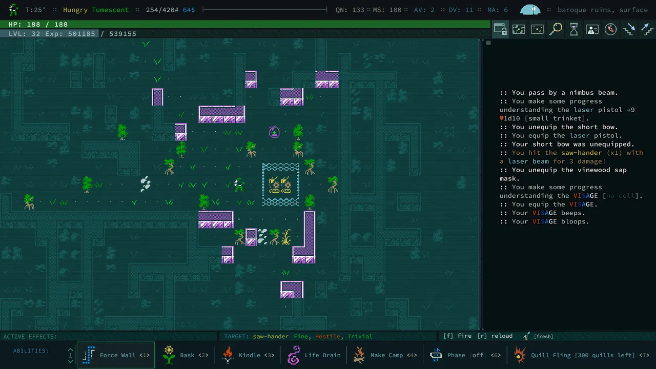 Caves of Qud in play: a character among baroque ruins on a tiled surface map, with a combat log on the right and mutation abilities along the bottom