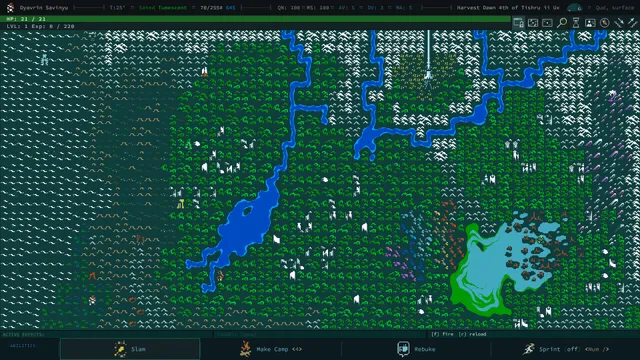 Caves of Qud gameplay: a character exploring a tile map of the world