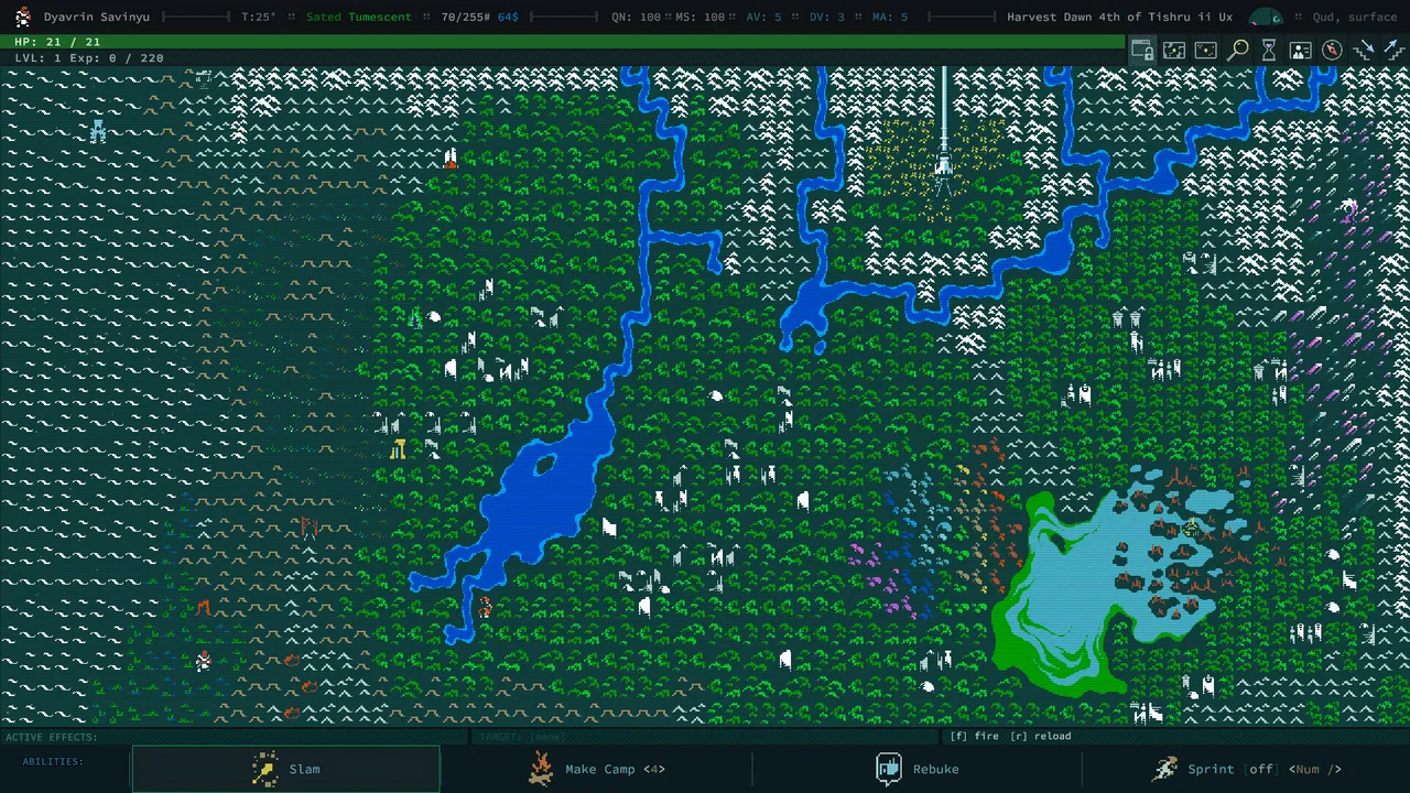 Caves of Qud gameplay: a character exploring a tile map of the world