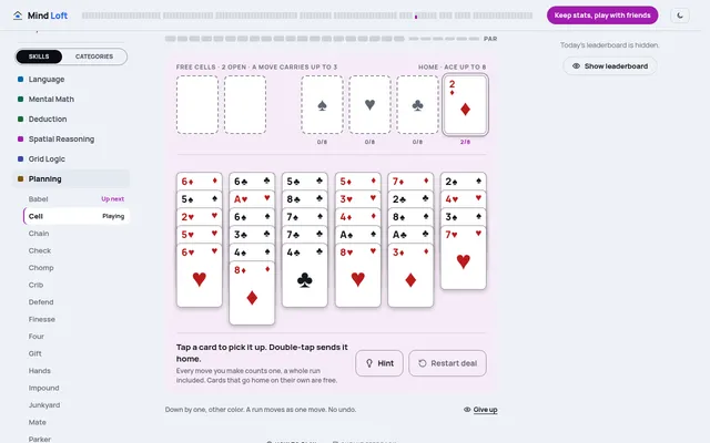 Cell's FreeCell deal for 23 October 2026: six face-up columns of cards from ace to eight, two open free cells and the diamond foundation already at two