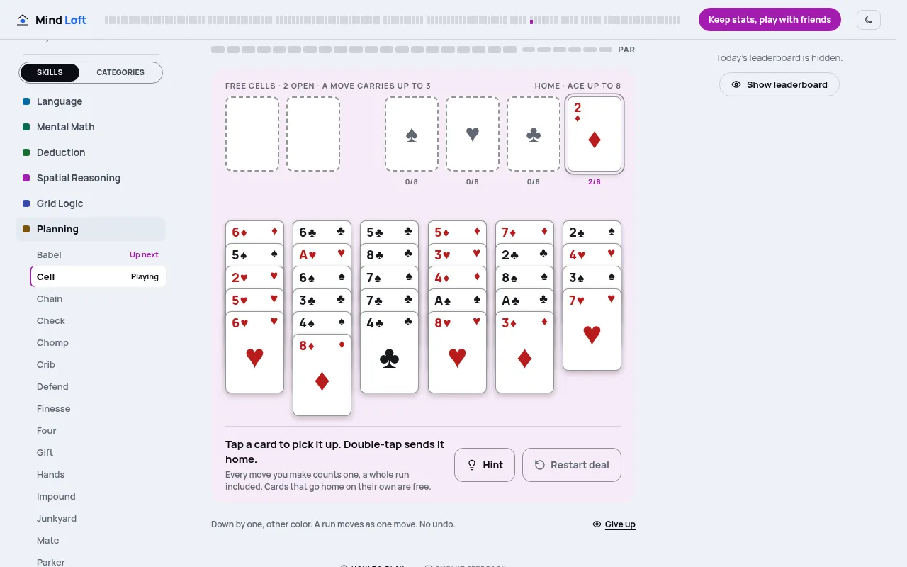 Cell's FreeCell deal for 23 October 2026: six face-up columns of cards from ace to eight, two open free cells and the diamond foundation already at two