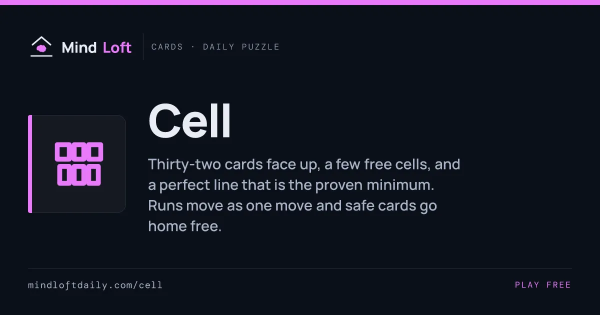 Cell share card from Mind Loft: thirty-two cards face up, a few free cells and a perfect line that is the proven minimum