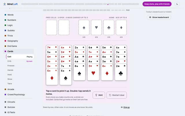 Cell's daily FreeCell deal: six face-up columns of cards, two free cells and four empty foundations, with Hint and Restart deal buttons