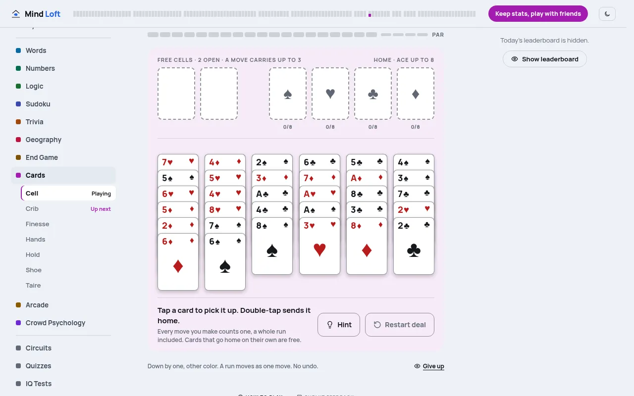 Cell's daily FreeCell deal: six face-up columns of cards, two free cells and four empty foundations, with Hint and Restart deal buttons