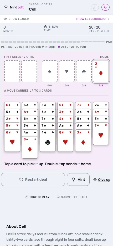 Cell on a phone: the same day's deal with move counter, par 26 and perfect 20 above the free cells, foundations and six columns
