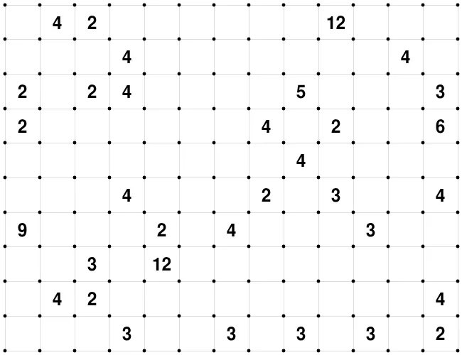 Today's medium CellBlocks grid on PuzzleMadness, a 13x10 dotted grid of number clues before any rectangles are drawn