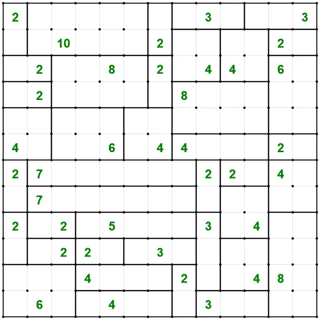 A completed CellBlocks (Shikaku) puzzle from PuzzleMadness's rules, the grid split into numbered rectangles