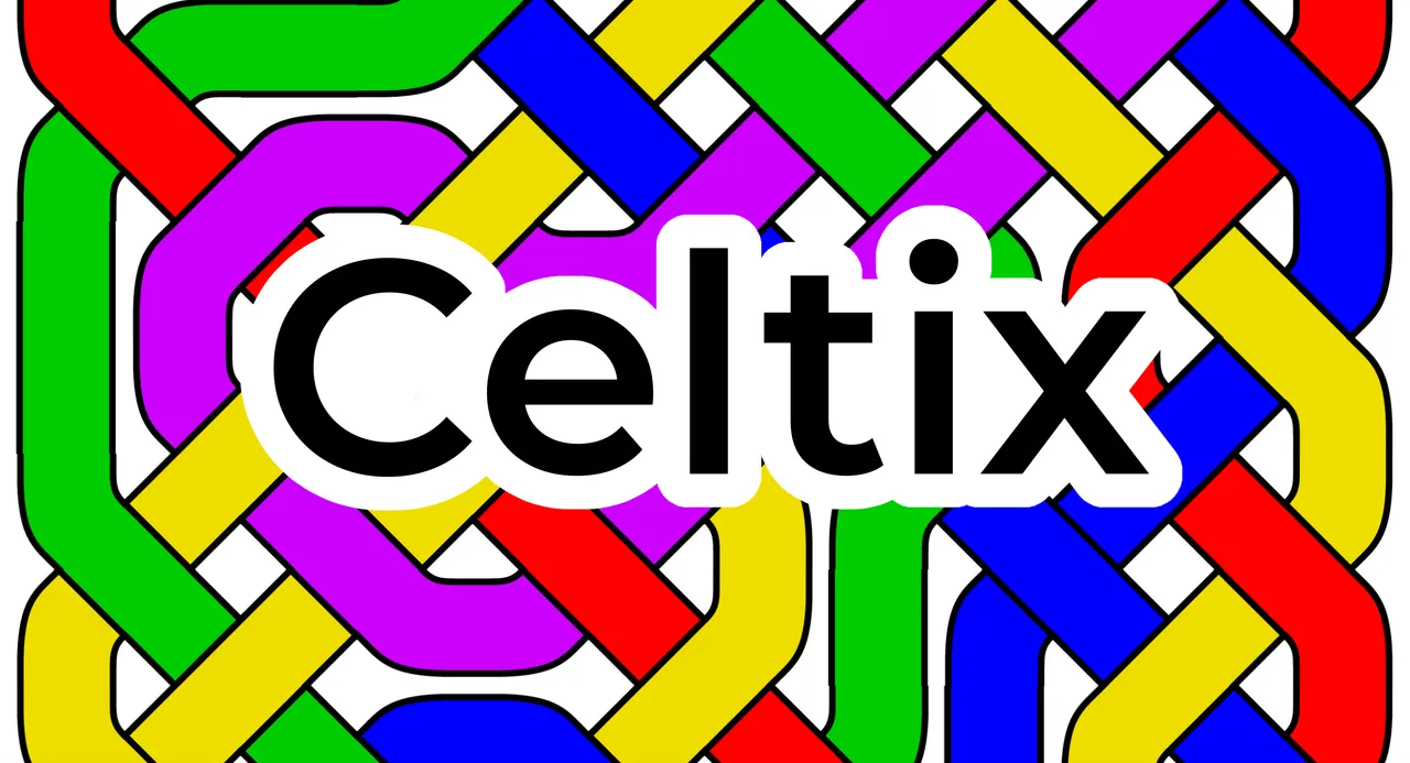 The Celtix title over a woven knot of red, green, blue, yellow and purple ribbons