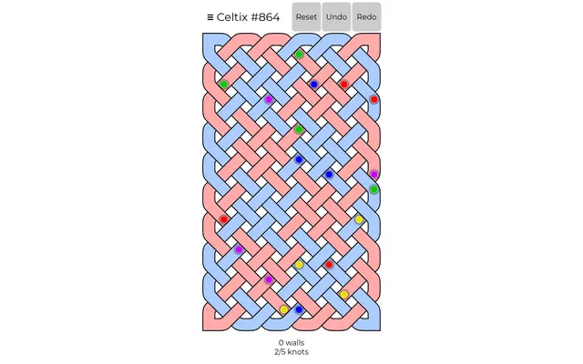 Celtix #864 on 20 October 2026: today's board, a pink and blue woven knot with twenty red, green, blue, yellow and purple pips, before any wall is placed