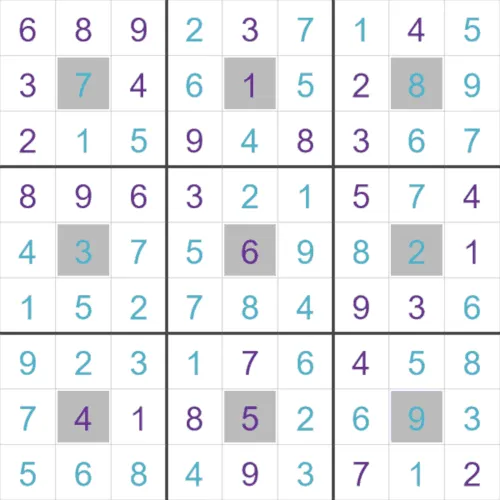 A finished Center-Dot Sudoku from PuzzleMadness's rules, with the nine box centres shaded grey