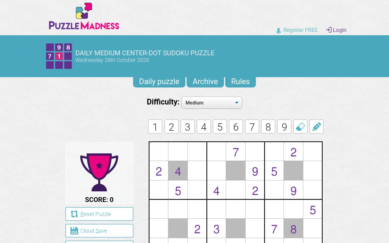 The Medium Center-Dot Sudoku board for 28 October 2026 on PuzzleMadness, with the nine box centres shaded grey, the digit buttons and the score panel