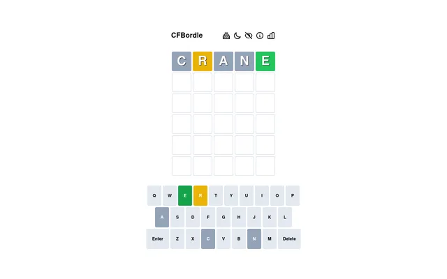 Today's CFBordle board on a desktop: the guess CRANE with R in yellow and E in green, five empty rows below and the coloured on-screen keyboard