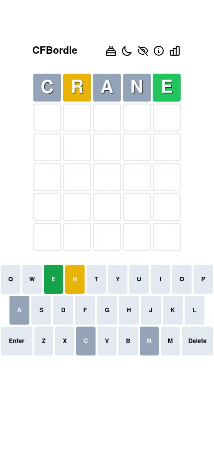 CFBordle at phone size: the six-row grid with a first guess CRANE coloured grey, yellow and green, and the full-width keyboard below