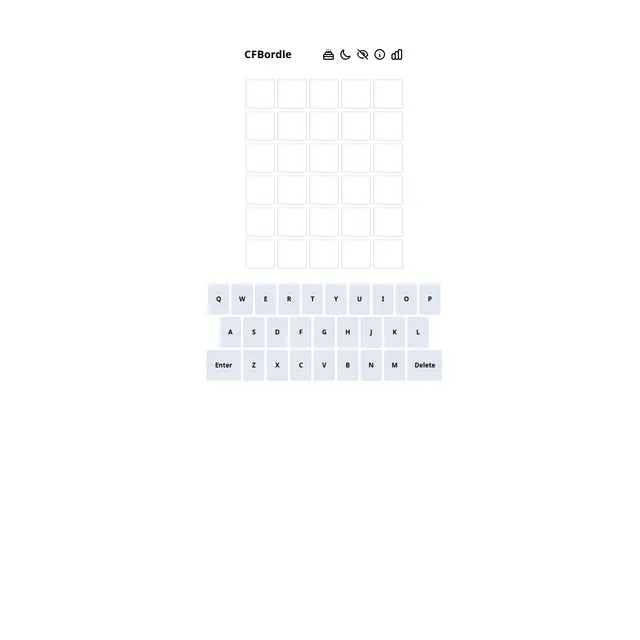 CFBordle play screen: the title CFBordle with menu icons, an empty six-row by five-column Wordle-style guess grid, and an on-screen QWERTY keyboard with Enter and Delete keys.