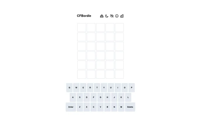 The CFBordle board: an empty grid of six rows of five letter boxes under the CFBordle title and its menu icons, with an on-screen keyboard below
