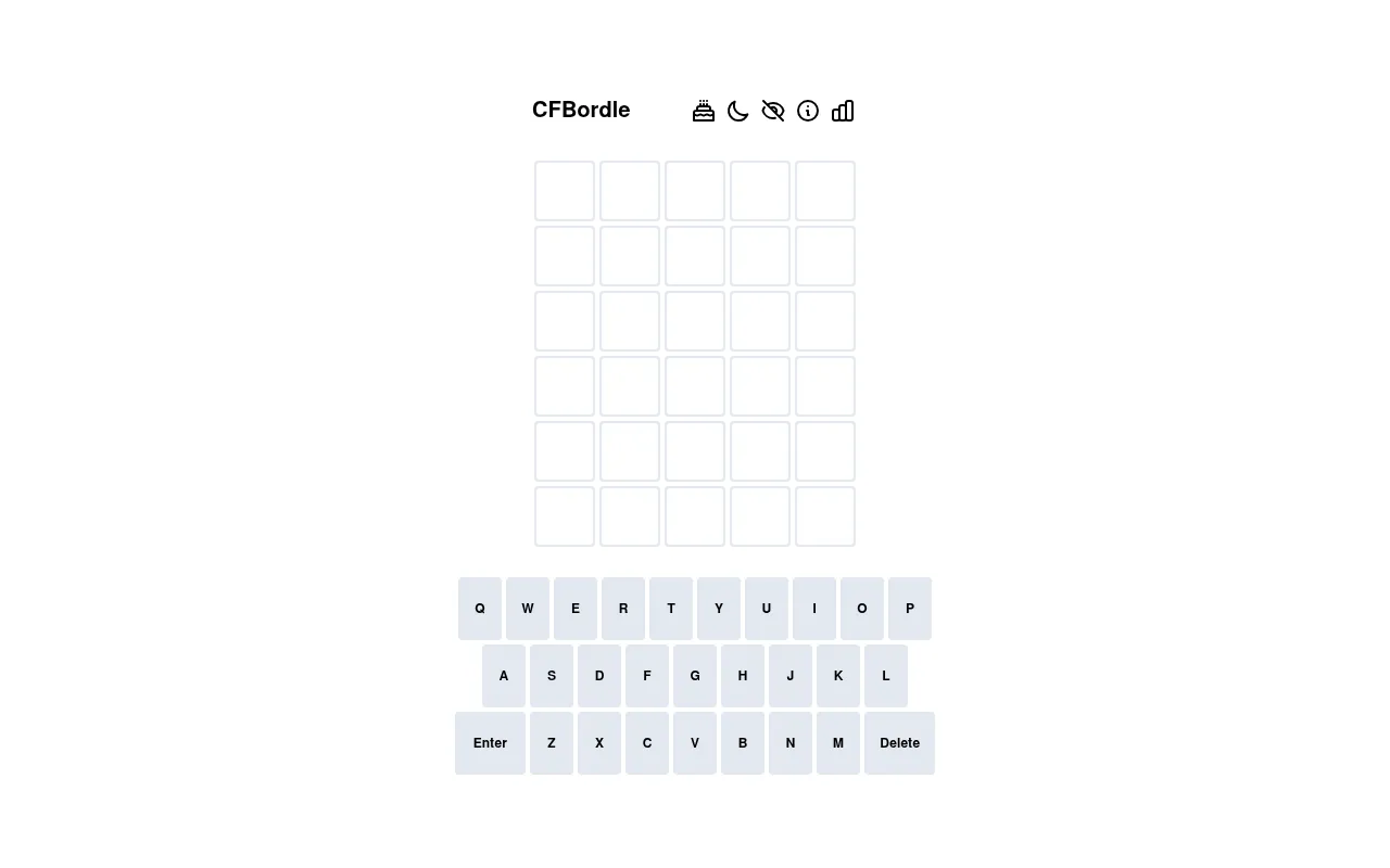 The CFBordle board: an empty grid of six rows of five letter boxes under the CFBordle title and its menu icons, with an on-screen keyboard below