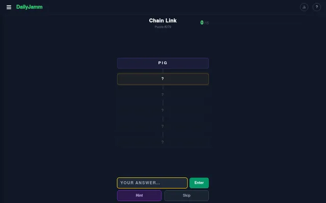 Chain Link puzzle #279: the starting word PIG above five hidden links, with the answer box and Hint and Skip buttons
