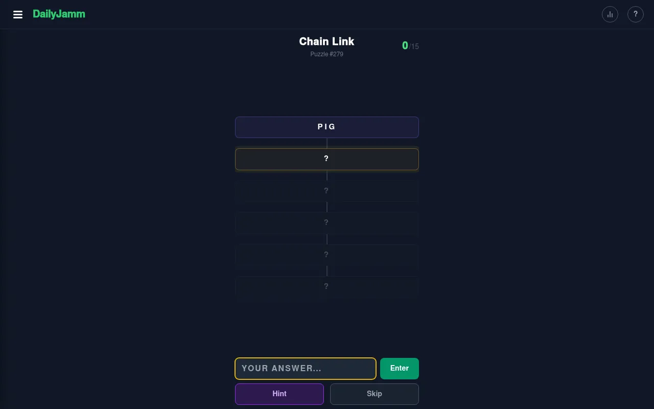 Chain Link puzzle #279: the starting word PIG above five hidden links, with the answer box and Hint and Skip buttons