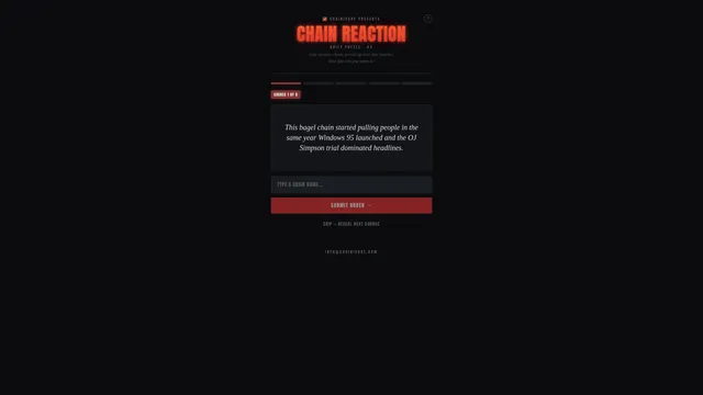 Chain Reaction daily puzzle #3, first course clue about a bagel chain with a guess box