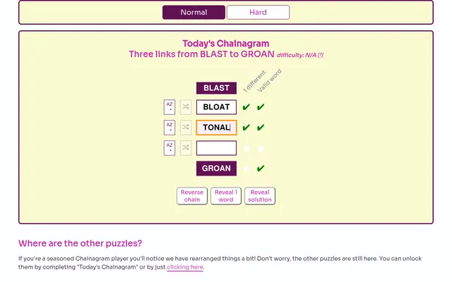 Today's Chainagram on 26 October 2026: three links from BLAST to GROAN, with BLOAT and TONAL entered and ticked, one empty link left, and Reverse chain and Reveal buttons