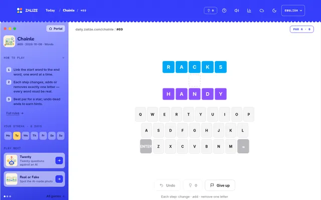 Chainle #69 on Zalize for 6 October 2026: start word RACKS above an empty step and end word HANDY, an on-screen keyboard and par 4