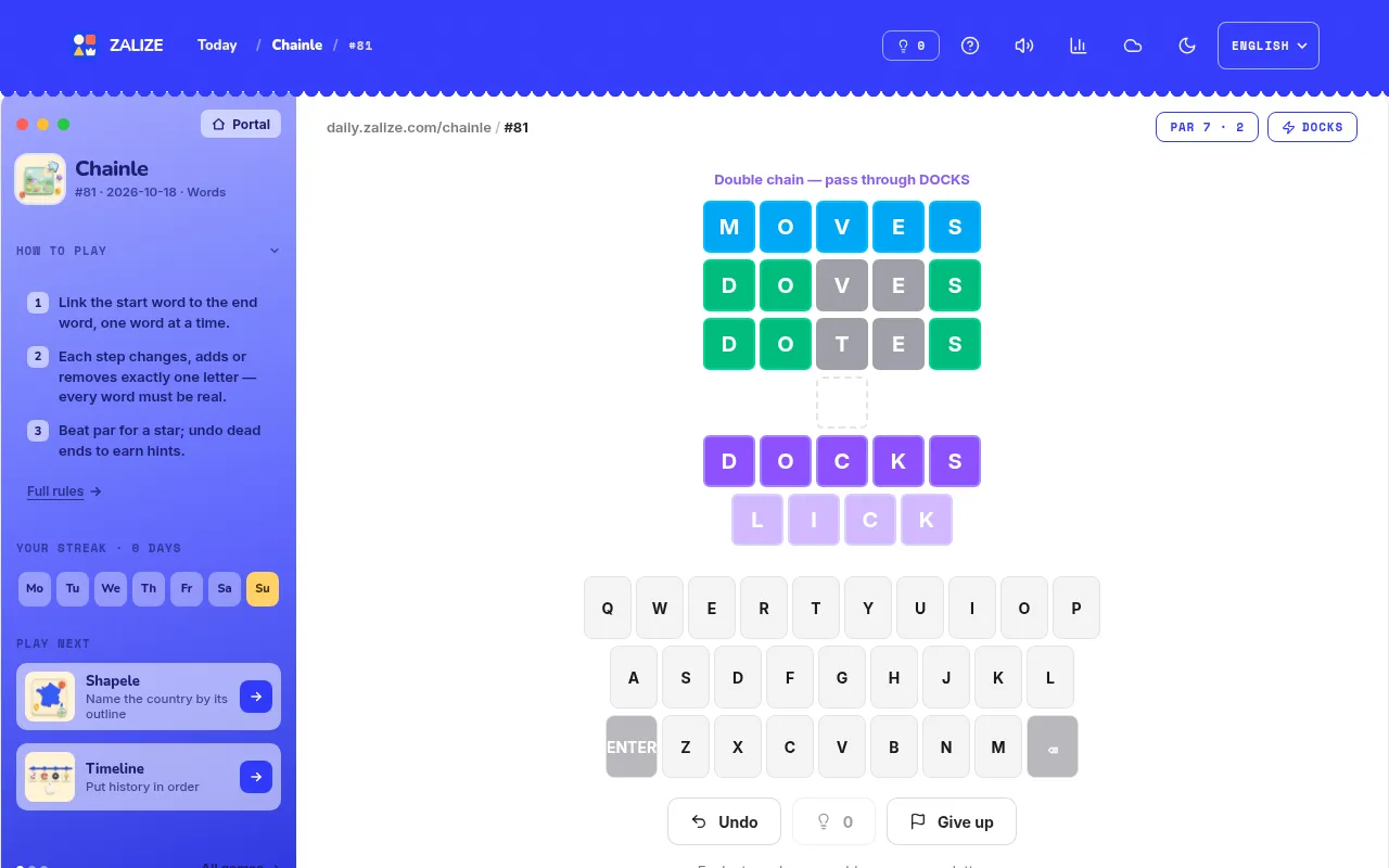 Chainle #81 for 18 October 2026 being played on a desktop: MOVES, DOVES and DOTES on the way to the middle word DOCKS and the end word LICK, par 7, with the keyboard below