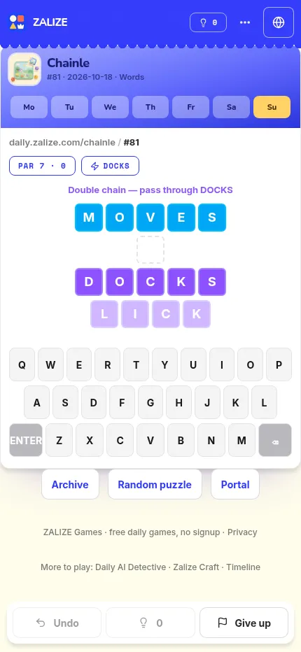 Chainle #81 on a phone: the Sunday double chain from MOVES through DOCKS to LICK, with the week's streak strip and the keyboard