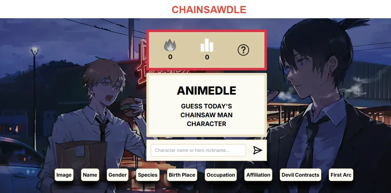 The Chainsawdle start screen: Guess today's Chainsaw Man character, a name box and the attribute columns over Chainsaw Man art