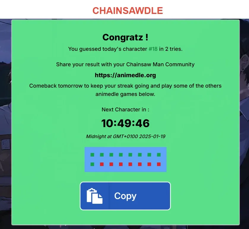 Chainsawdle win screen: today's character found in two tries, a share grid and a countdown to the next character