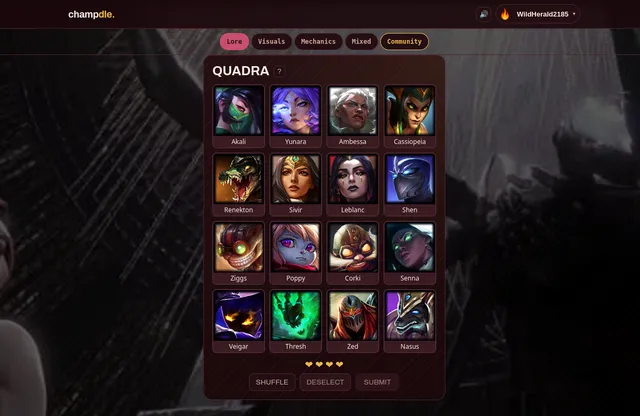 A Champdle Quadra board: sixteen League of Legends champion portraits in a 4x4 grid to sort into four groups, with four hearts and Shuffle, Deselect and Submit buttons