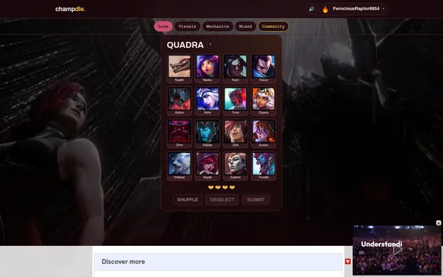 A Champdle Quadra board: sixteen League of Legends champion portraits such as Yasuo, Ashe and Aatrox in a 4x4 grid to sort into four groups, with four hearts and Shuffle, Deselect and Submit buttons