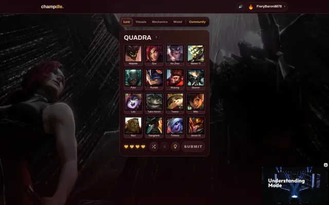 The Champdle Lore Quadra board of 26 October 2026: sixteen champions including Malphite, Pyke, Teemo and Jarvan IV in a 4x4 grid, with four hearts, shuffle, hint and Submit buttons