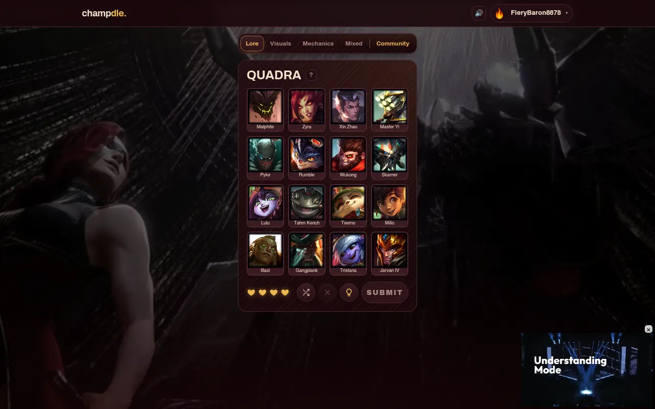 The Champdle Lore Quadra board of 26 October 2026: sixteen champions including Malphite, Pyke, Teemo and Jarvan IV in a 4x4 grid, with four hearts, shuffle, hint and Submit buttons