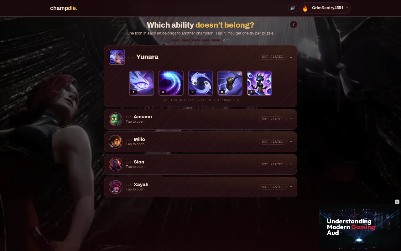 Champdle's daily Imposter round: Yunara's passive and four ability icons, one of which belongs to another champion, above Amumu, Milio, Sion and Xayah still to play