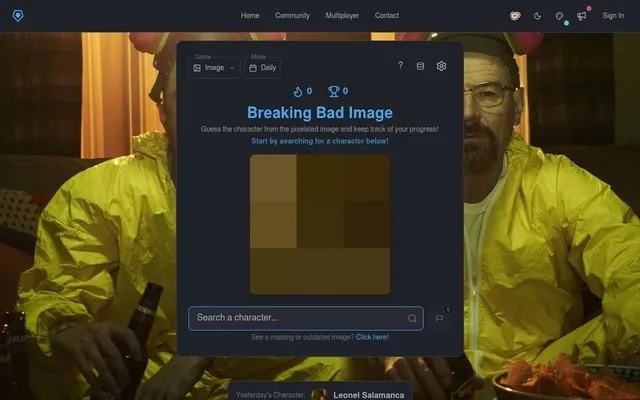 A CharDle daily puzzle, Breaking Bad Image: guess the character from a heavily pixelated picture, with a Search a character box, Daily mode selected and yesterday's character shown below, over a Break