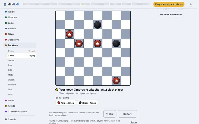 Today's Check board on 19 Oct 2026: four red kings and two black men, with the line Your move, 3 moves to take the last 2 black pieces, and Hint and Restart below