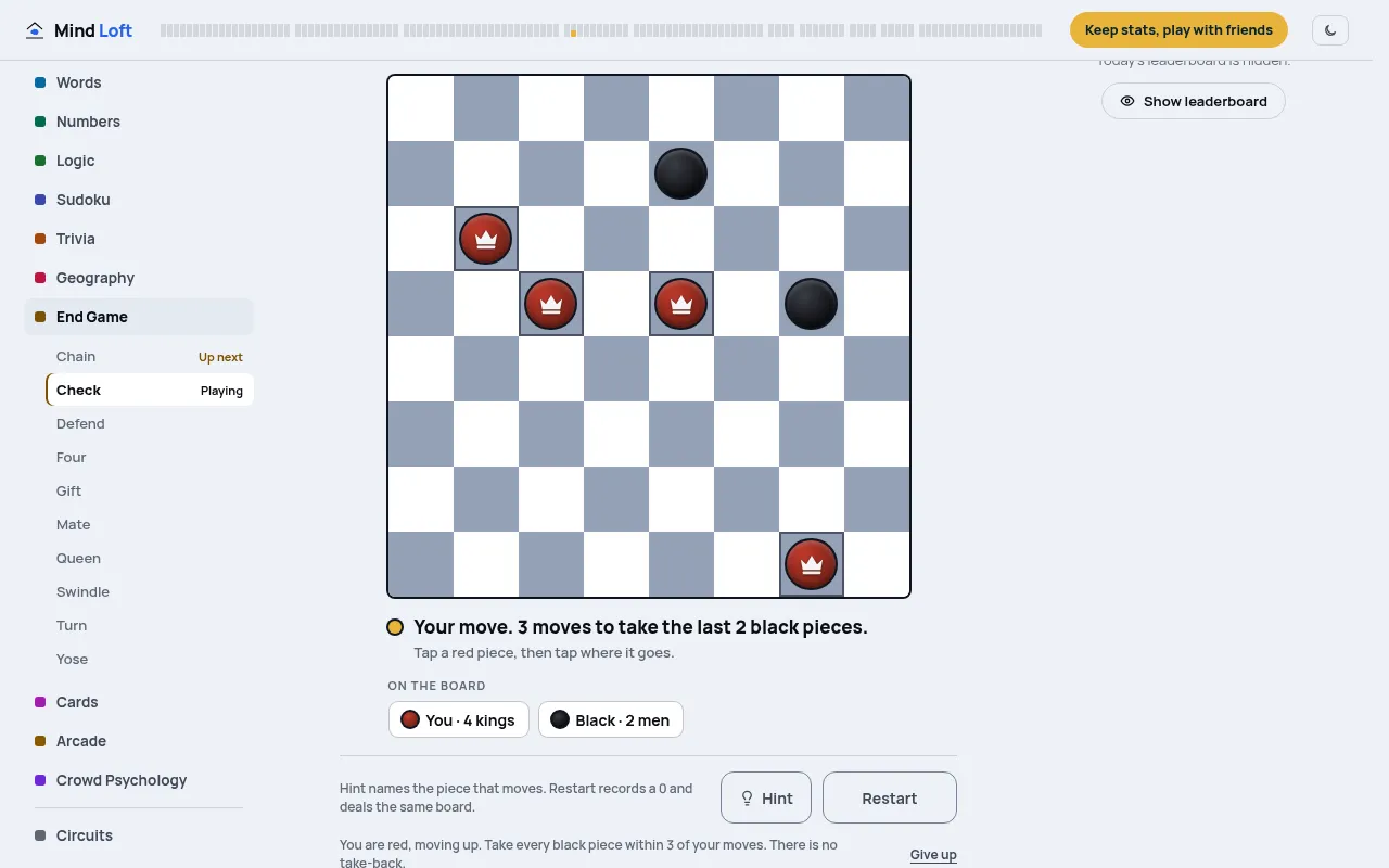 Today's Check board on 19 Oct 2026: four red kings and two black men, with the line Your move, 3 moves to take the last 2 black pieces, and Hint and Restart below