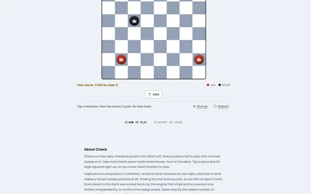 Check board on mindloftdaily.com: a checkers position with two red kings and a black king, with the note your move, 3 left to clear 2
