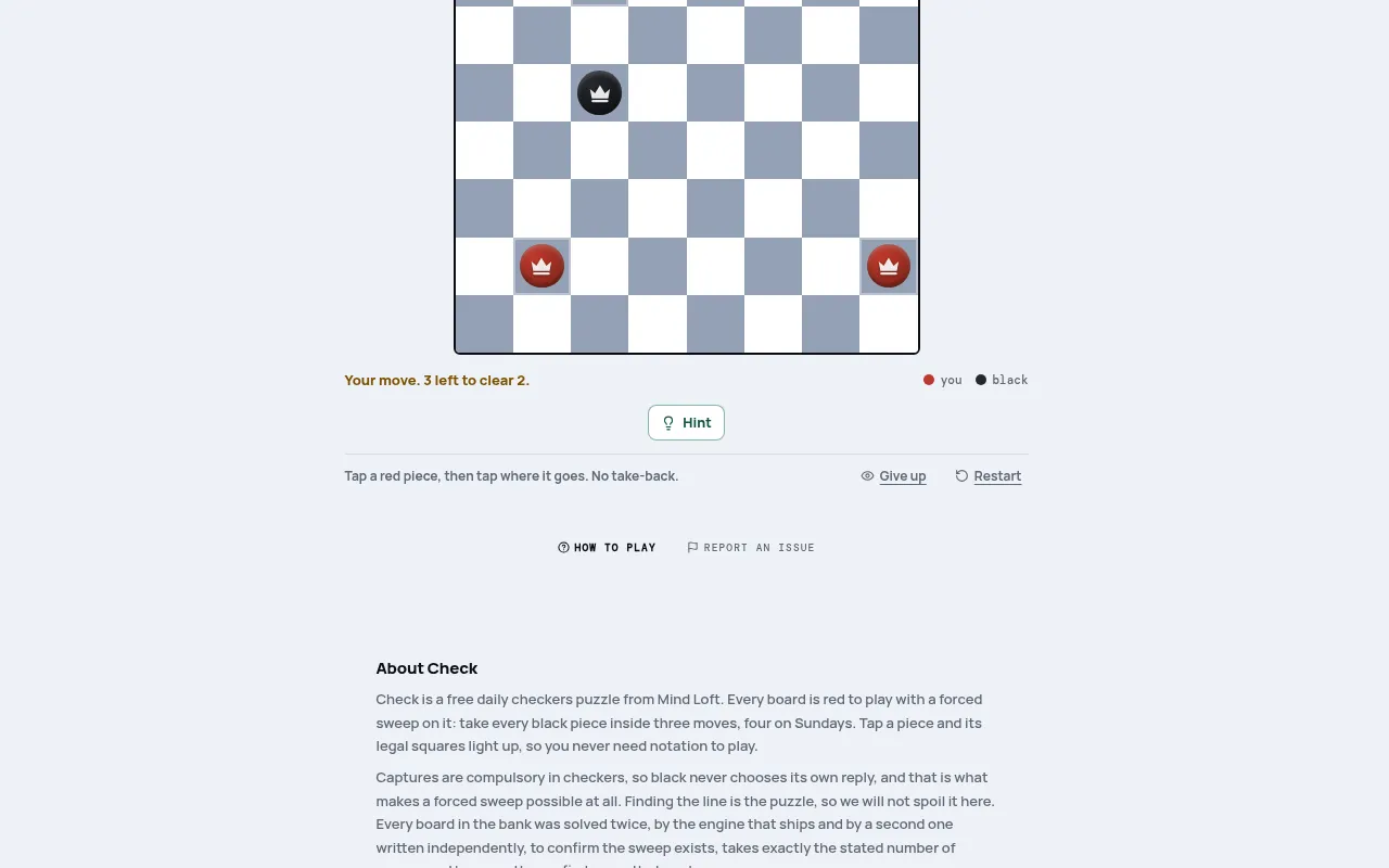 Check board on mindloftdaily.com: a checkers position with two red kings and a black king, with the note your move, 3 left to clear 2