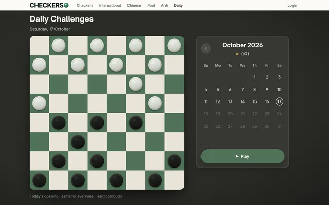 Checkerso Daily page for Saturday 17 October 2026: the day's checkers opening on a green and cream board beside the October calendar and Play button