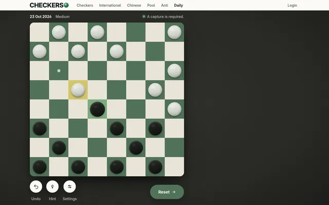 Checkerso Daily for Friday 23 October 2026 in play against the Medium computer: a green and cream checkers board with a capture required, and Undo, Hint and Settings below