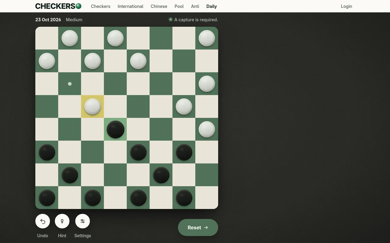 Checkerso Daily for Friday 23 October 2026 in play against the Medium computer: a green and cream checkers board with a capture required, and Undo, Hint and Settings below