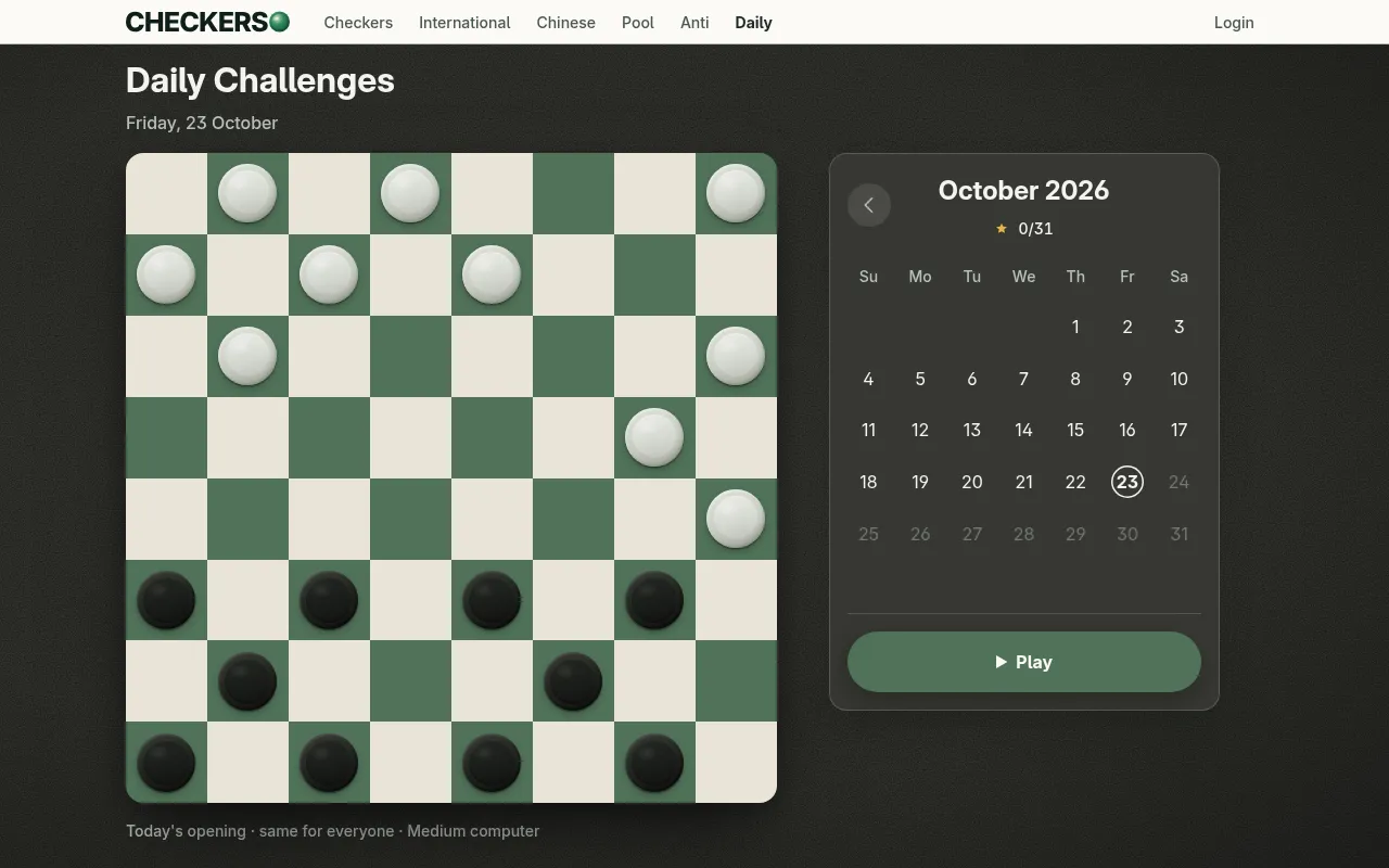 Checkerso Daily page for Friday 23 October 2026: the day's checkers opening beside the October calendar and the Play button, marked same for everyone, Medium computer