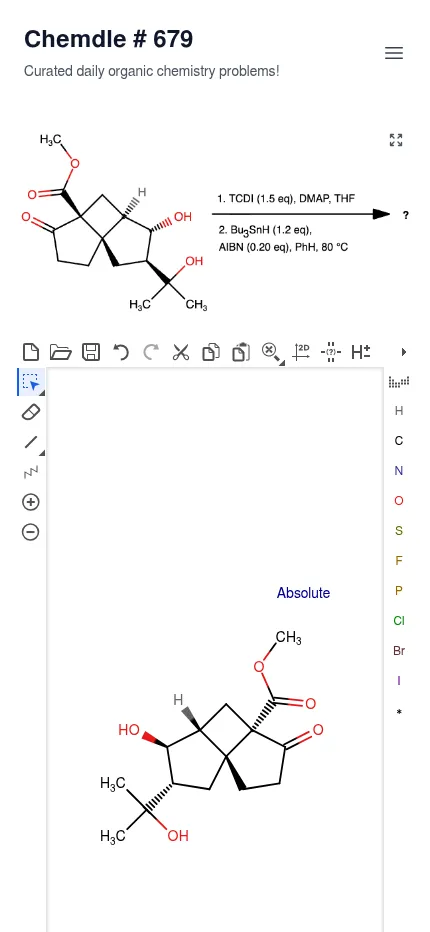 Chemdle #679 at phone size: the reaction scheme above the full-width structure sketcher with the starting material ready to edit