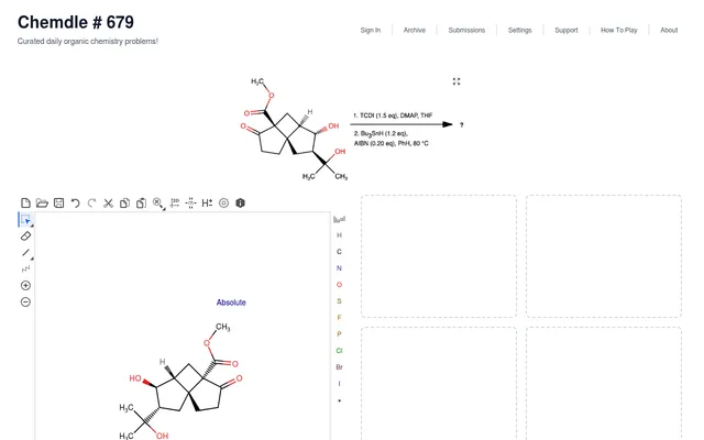 Chemdle #679 on a desktop: today's reaction scheme with TCDI then Bu3SnH and AIBN, the Marvin JS sketcher holding the starting material, and empty answer slots