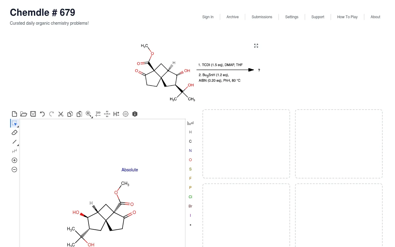 Chemdle #679 on a desktop: today's reaction scheme with TCDI then Bu3SnH and AIBN, the Marvin JS sketcher holding the starting material, and empty answer slots