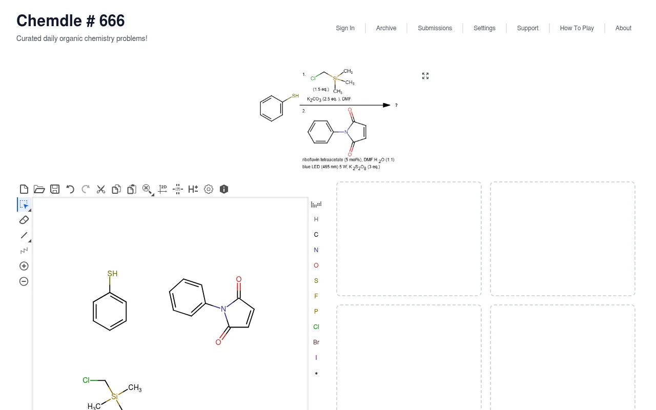 Chemdle #666: the day's organic reaction scheme with reagents and a question mark for the product, a molecule drawing editor holding the starting materials, and empty answer slots