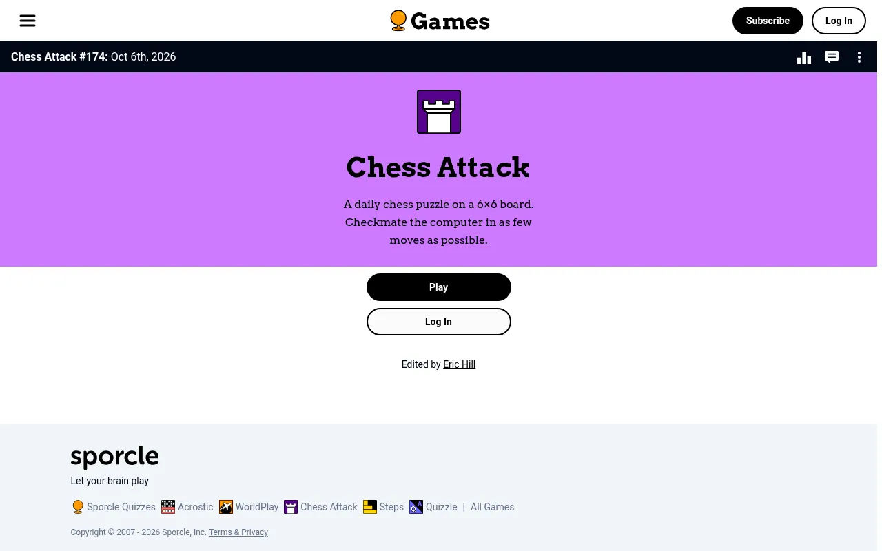 The Chess Attack start page for #174 on Oct 6th, 2026: its rook icon and the line A daily chess puzzle on a 6x6 board, checkmate the computer in as few moves as possible, with a Play button