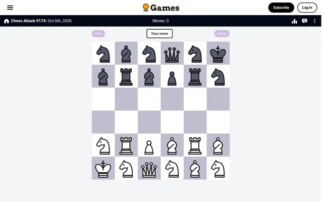 Chess Attack #174 for Oct 6th, 2026 on Sporcle: the day's 6x6 board with two rows of black pieces facing two rows of white pieces, Moves 0 and Your move